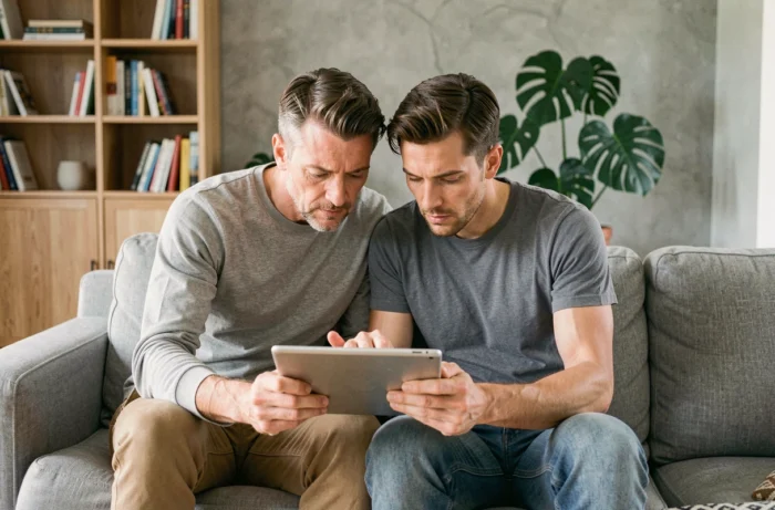 Französisches Paar, das einen Hausversicherungsvertrag auf einem Tablet in ihrem modernen Wohnzimmer konsultiert