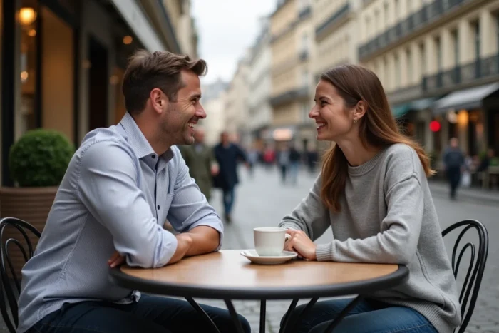 Couple de trentenaires discutant en terrasse d'un café parisien dans une ambiance décontractée et authentique
