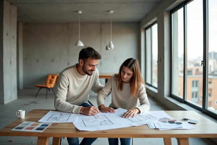 Couple étudiant des plans architecturaux dans un appartement vide en cours de rénovation