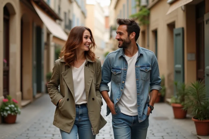 Couple complice se promenant dans une rue pavée d'un quartier parisien pittoresque