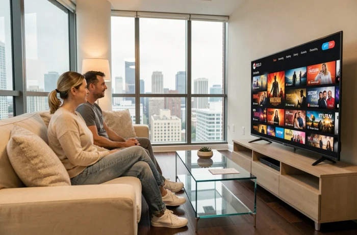 Couple regardant du contenu IPTV en streaming sur un grand téléviseur TCL QLED dans un appartement moderne avec vue urbaine
