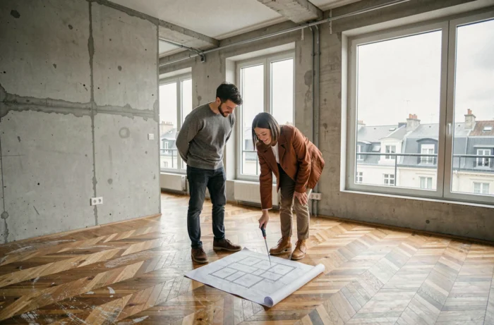 Jeune couple visitant un appartement vide à rénover dans une ville française, symbolisant l'achat immobilier et les nouvelles tendances du marché