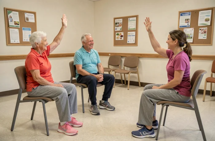 Groupe de seniors de plus de 80 ans pratiquant la gym douce sur chaise avec une instructrice dans un centre communautaire