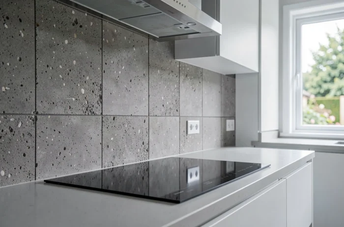 Crédence en béton brut texturé dans une cuisine contemporaine avec hotte en acier brossé et cabinetry blanc
