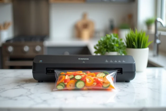 Vue rapprochée de la machine sous vide Crenova VS100S posée sur un plan de travail blanc avec un sachet scellé contenant des légumes