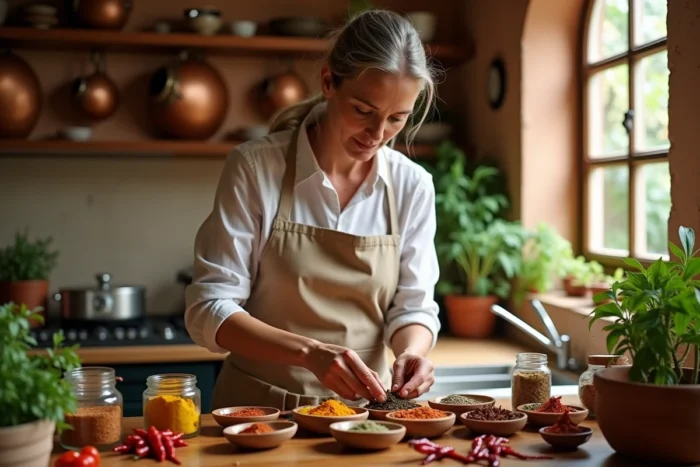 Femme arrangeant des épices colorées dans une cuisine méditerranéenne rustique pour sublimer ses recettes