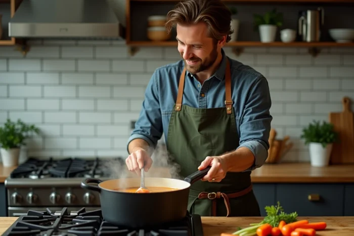 Homme remuant une soupe de légumes dans une cocotte en fonte sur une cuisinière à gaz dans une cuisine moderne