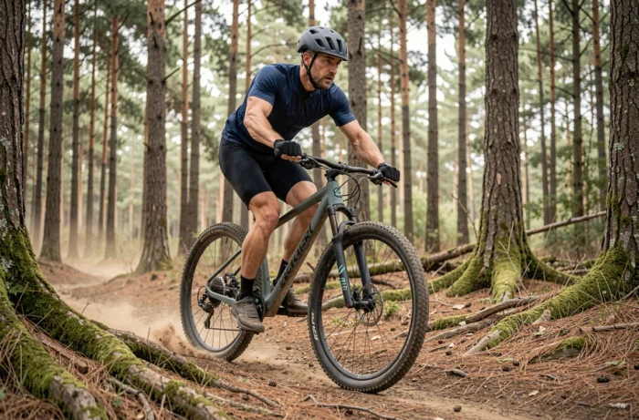 Cycliste homme sur un Rockrider ST 520 en pleine descente sur sentier forestier