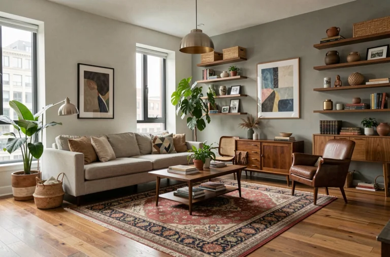 Salon contemporain et élégant illustrant les tendances de la décoration intérieure avec meubles mixtes, plantes et tapis superposés