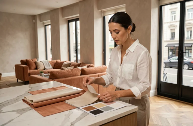 Décoratrice d'intérieur professionnelle présentant des échantillons de tissus et palettes de couleurs dans un appartement moderne rénové pour valoriser un bien immobilier
