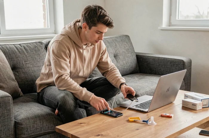 Jeune homme réparant son smartphone Android chez lui en suivant un tutoriel sur ordinateur portable