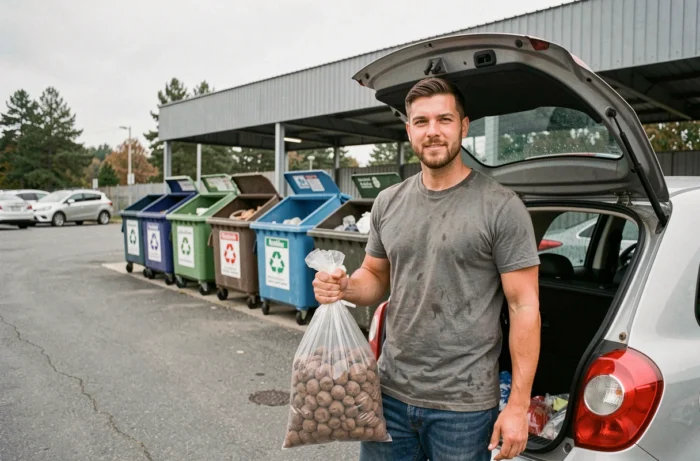 Homme déposant un sac de billes d'argile dans une déchetterie municipale avec des bacs de tri bien étiquetés
