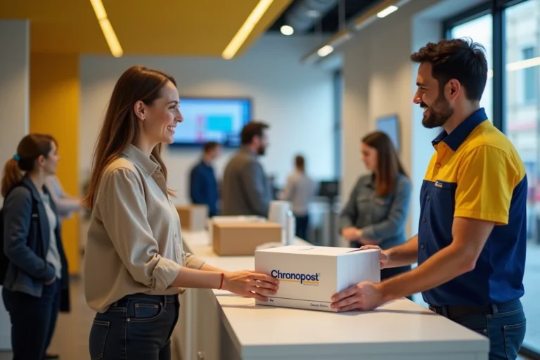 Femme déposant un colis Chronopost au guichet d'un bureau de poste