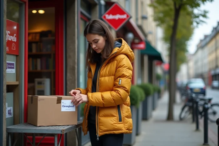Femme préparant un colis Chronopost devant un bureau de tabac point relais en France