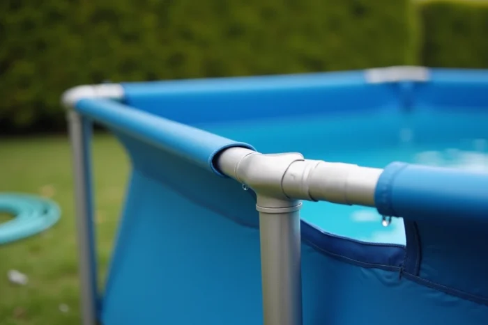 Détail des raccords et pieds métalliques d'une piscine Intex Metal Frame avec liner bleu en gros plan