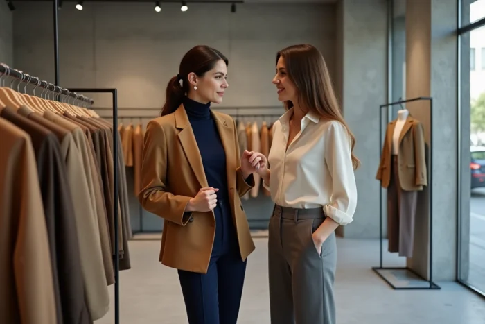 Deux femmes choisissant une veste dans une boutique de vêtements épurée, conseils pour renouveler sa garde-robe de façon réfléchie
