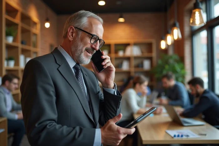 Cadre dirigeant utilisant un smartphone et une tablette dans un espace de coworking professionnel moderne