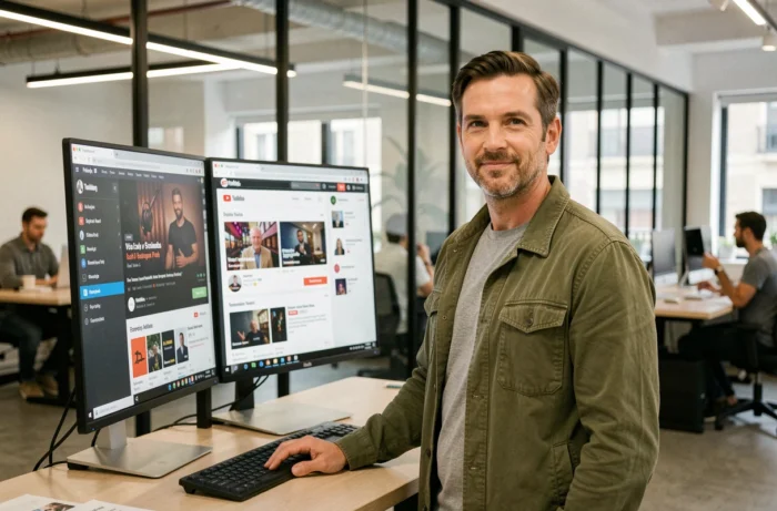 Un homme gère sa présence sur plusieurs plateformes de découverte comme YouTube, les podcasts et les réseaux sociaux depuis un espace de coworking