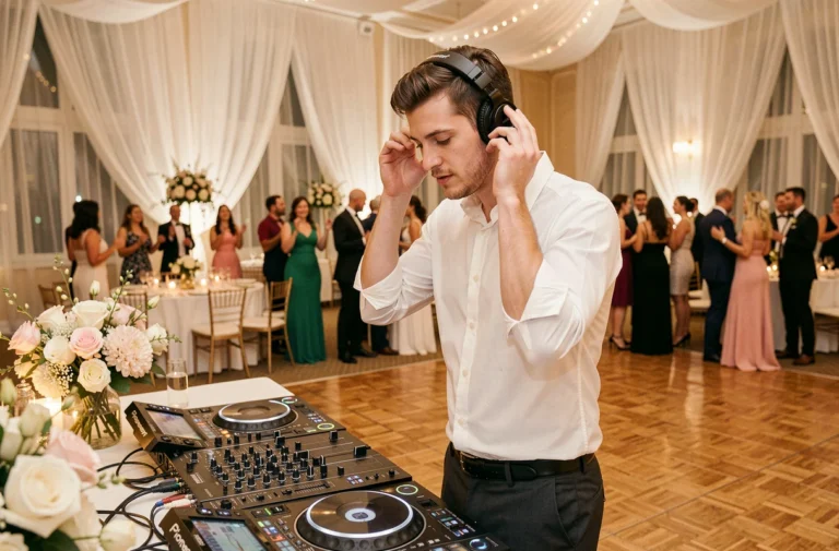 DJ professionnel derrière sa console lors d'une réception de mariage élégante dans un grand salon décoré