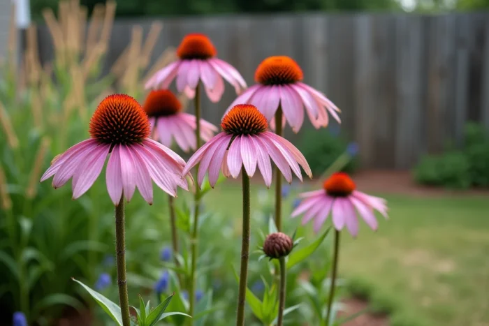 Fleurs d'échinacée pourpre (Echinacea purpurea) en pleine floraison estivale avec leurs grands cônes orange-roux et pétales rose-mauve retombants dans un jardin de style prairie