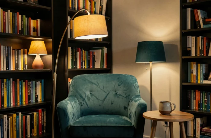 Éclairage indirect par lampes d'appoint dans un coin lecture cosy avec fauteuil en velours et bibliothèque