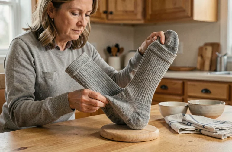 Femme étirant une chaussette en laine sur un tendeur en bois dans une cuisine chaleureuse