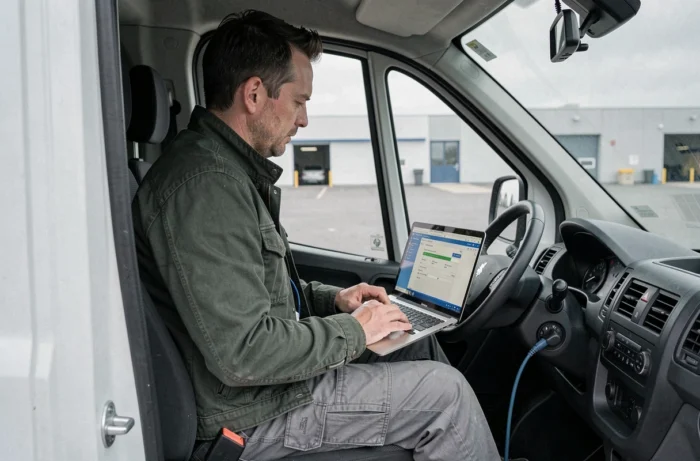 Électricien automobile utilisant un logiciel de diagnostic pour désactiver l'anti-démarrage d'un Peugeot Boxer