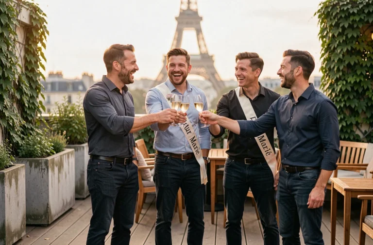 Groupe d'amis célébrant un enterrement de vie de garçon à Paris sur un rooftop avec vue sur la Tour Eiffel