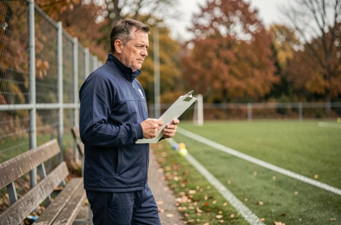 Entraîneur de football amateur en district Haute-Saône sur la touche d'un terrain régional, saison 2026