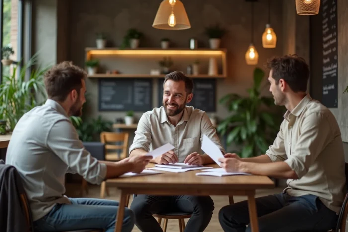 Entrepreneur français en réunion avec des collaborateurs dans un espace de coworking chaleureux à Lyon