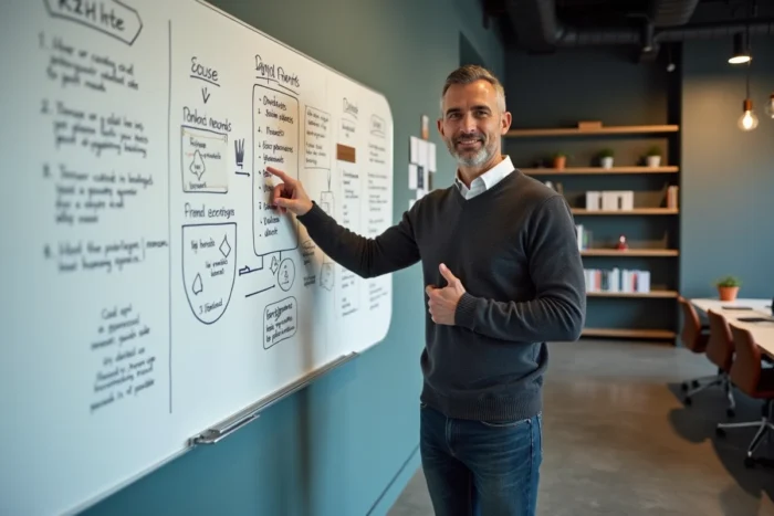 Entrepreneur présentant une stratégie de croissance numérique devant un tableau blanc dans un espace de coworking