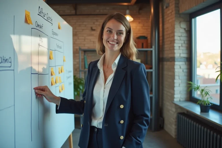 Entrepreneuse française présentant sa stratégie dans un bureau parisien moderne avec des notes et schémas au tableau