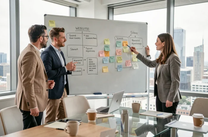 Équipe d'une agence web en réunion de stratégie digitale devant un tableau de wireframes et de mots-clés SEO