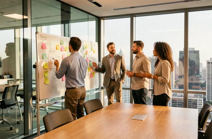 Équipe de professionnels du marketing digital en séance de brainstorming autour d'un tableau blanc dans une agence créative