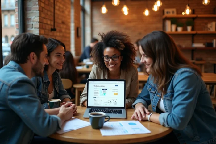 Équipe de professionnels collaborant sur des solutions de croissance pour une entreprise en ligne dans un espace de travail moderne