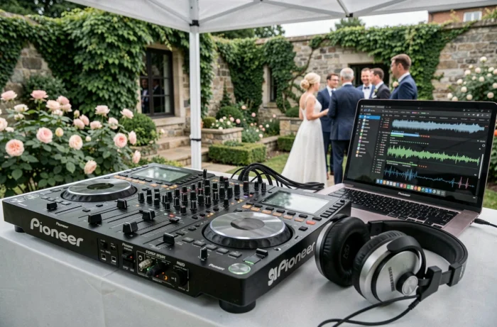 Équipement DJ professionnel installé sous un chapiteau lors d'un mariage en plein air dans un jardin fleuri