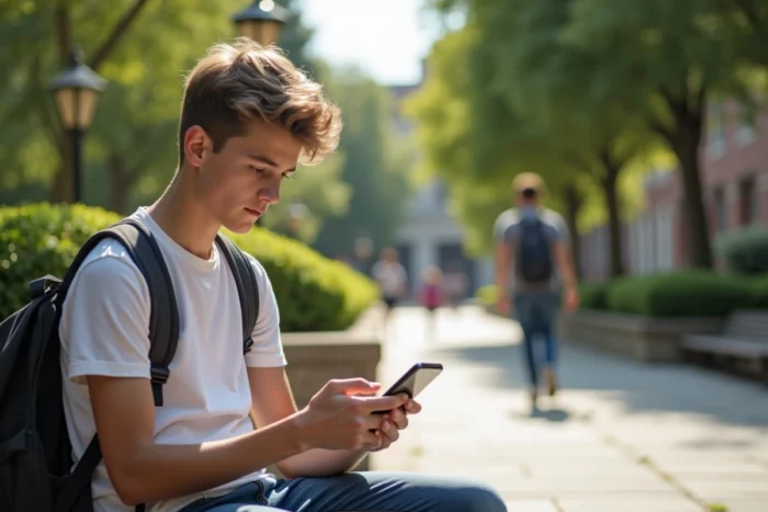 Étudiant accédant à sa classe en ligne via smartphone dans une cour de campus universitaire