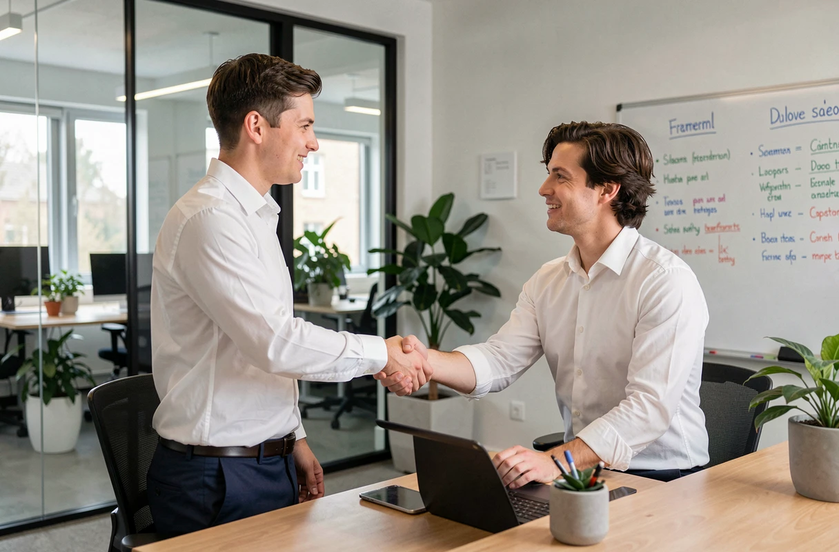 Jeune étudiant en entretien d'embauche avec un recruteur dans un espace de coworking moderne