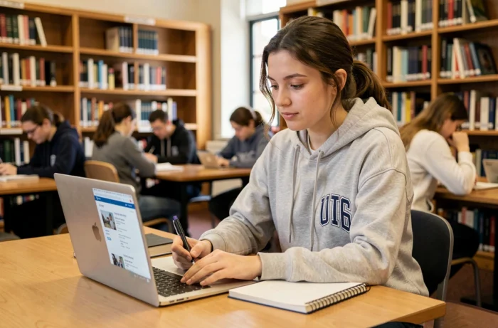 Étudiante cherchant un emploi étudiant sur son ordinateur portable dans une bibliothèque universitaire