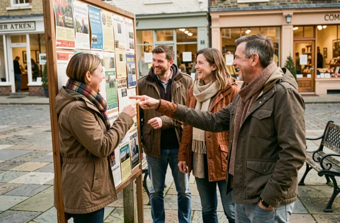Groupe de riverains découvrant des événements locaux sur un panneau d'affichage communautaire en plein air