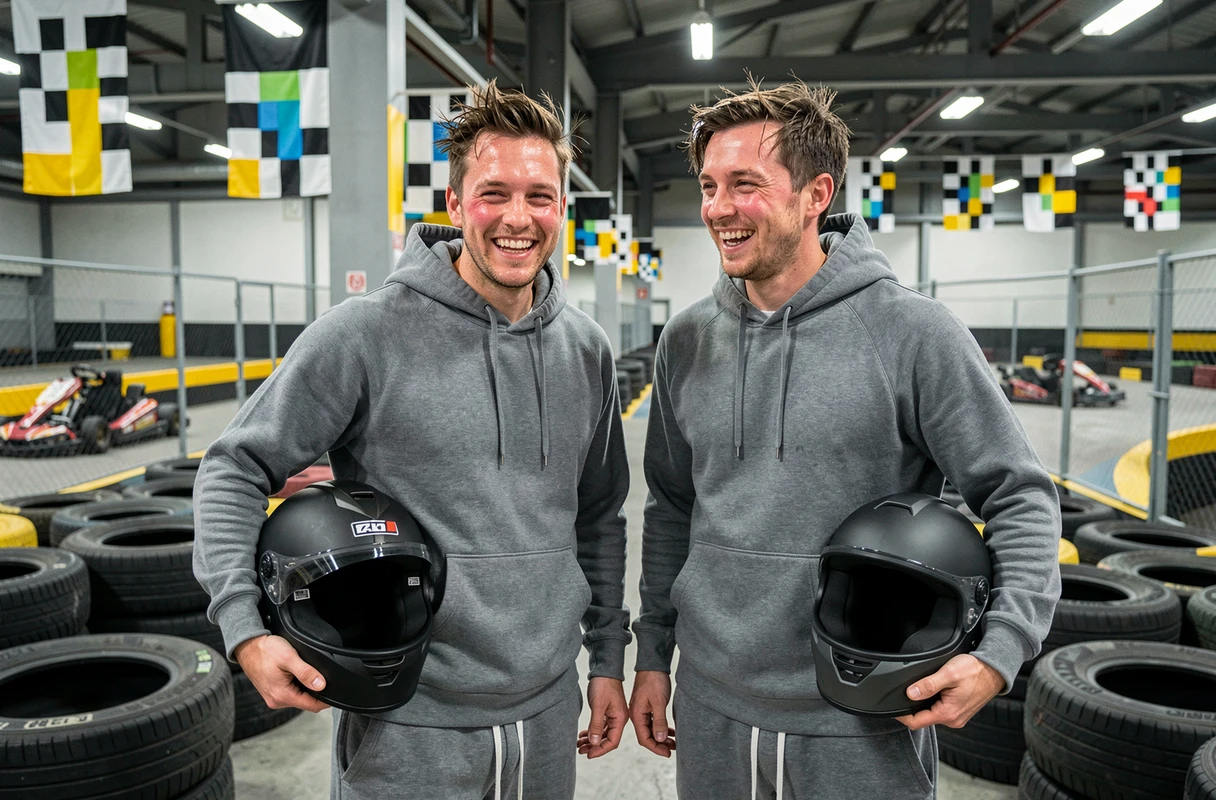 Deux amis tenant leurs casques après une session de karting à Paris lors d'un enterrement de vie de garçon