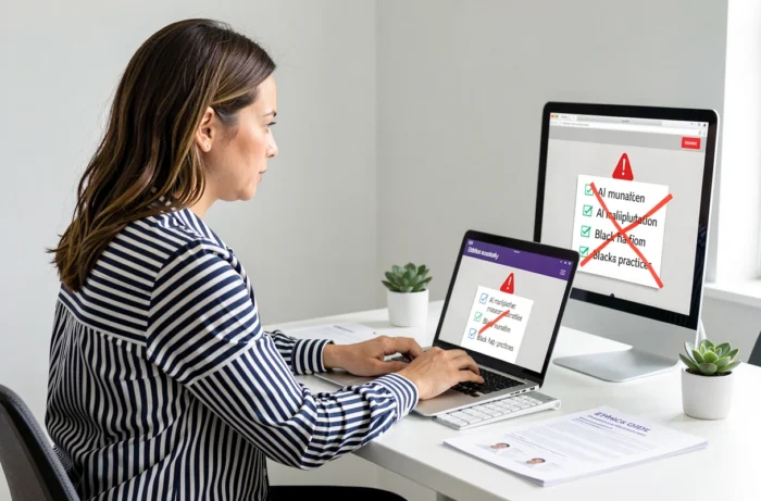 Une professionnelle du marketing digital identifie et évite les pratiques de manipulation des réponses IA sur son ordinateur avec une liste de vérification éthique