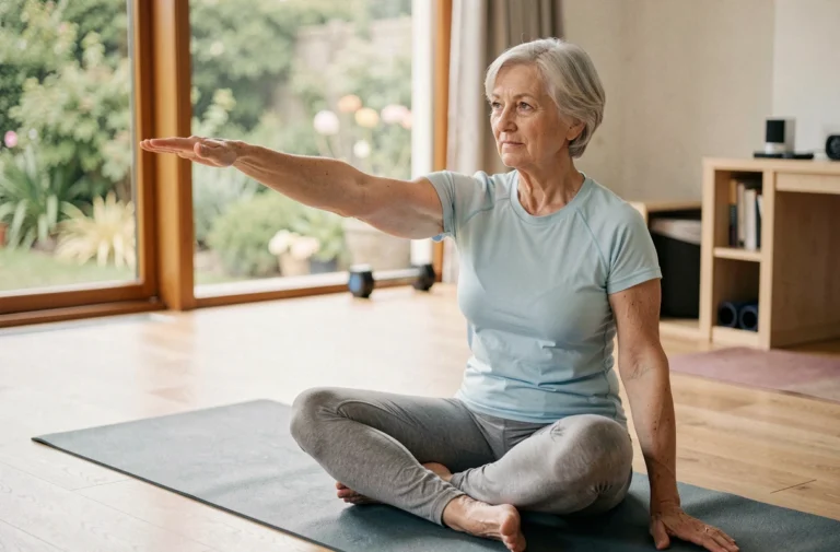 Femme de 80 ans faisant des exercices d'étirement doux sur un tapis de yoga dans un studio de gym adapté aux seniors