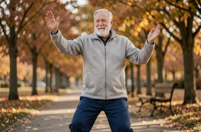 Homme âgé de 85 ans pratiquant des mouvements de gym douce style Tai Chi dans un parc en automne