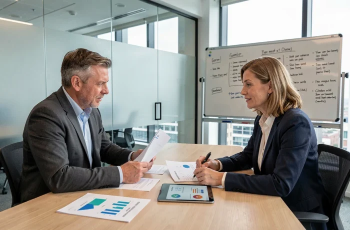Deux experts analysant les performances de services de serrurerie en ligne lors d'une réunion professionnelle