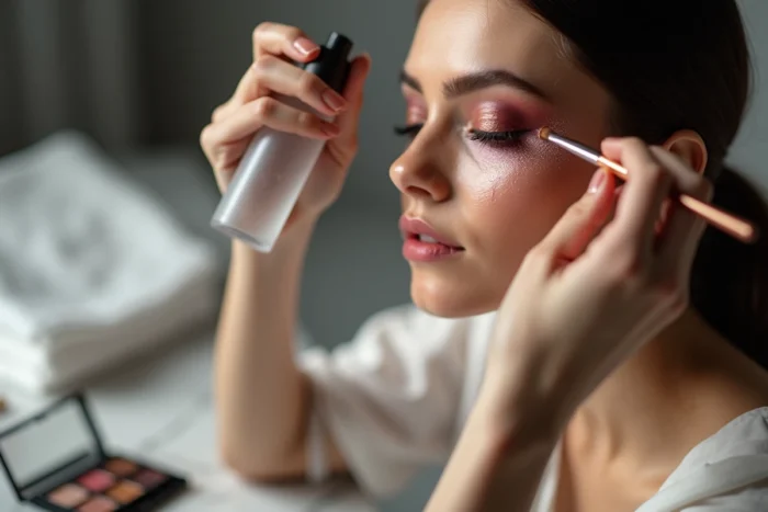 Femme humidifiant un pinceau à fard pour appliquer un fard à paupières pigmenté à la place d'un eyeliner liquide