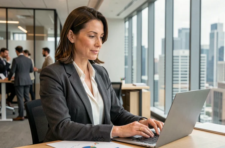 Femme d'affaires en blazer gris analysant des graphiques financiers dans un bureau moderne avec vue sur la ville en 2024