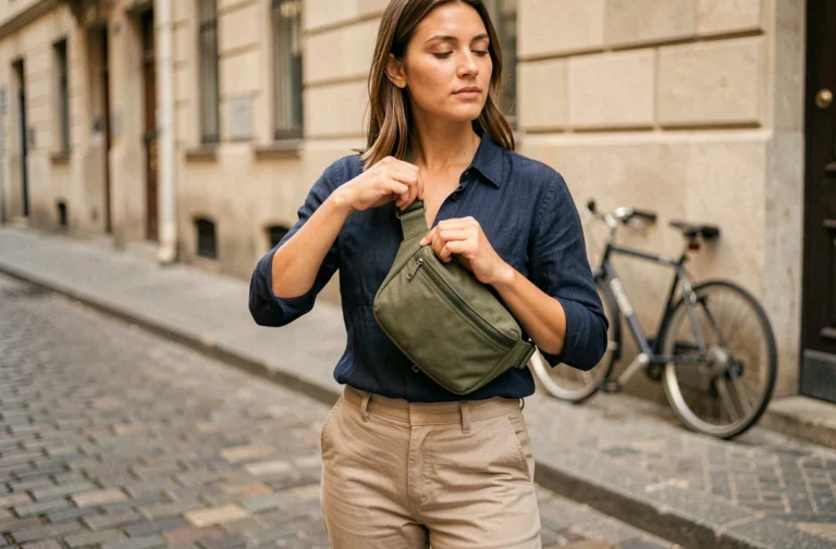 Femme ajustant la sangle réglable de son sac banane vert olive en toile nylon dans une rue pavée européenne