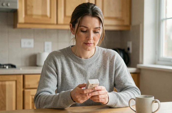 Femme tenant une boîte d'Anxemil dans sa cuisine, témoignage utilisateur sur les effets du médicament