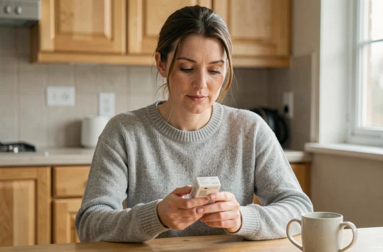 Femme tenant une boîte d'Anxemil dans sa cuisine, témoignage utilisateur sur les effets du médicament